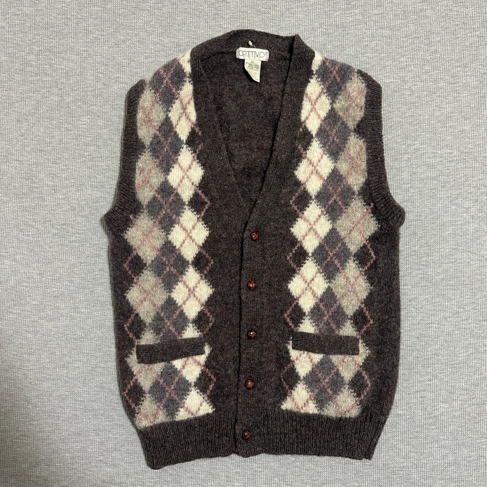 Cattivo Vintage Gray Argyle Shetland Wool Button Front Cardigan Vest Mens Sz M‎